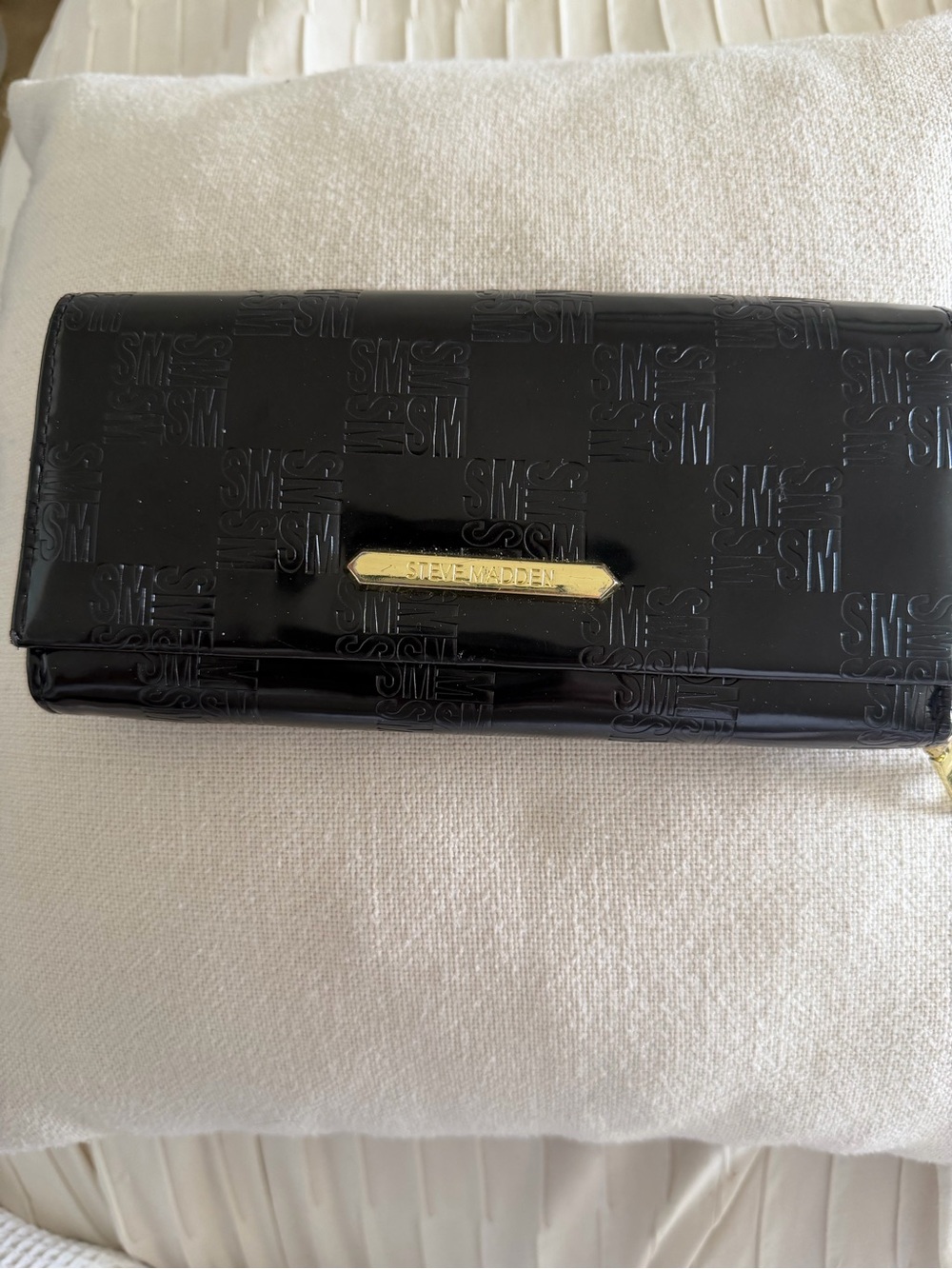 Steve Madden Black Patent Wallet with Gold Nameplate